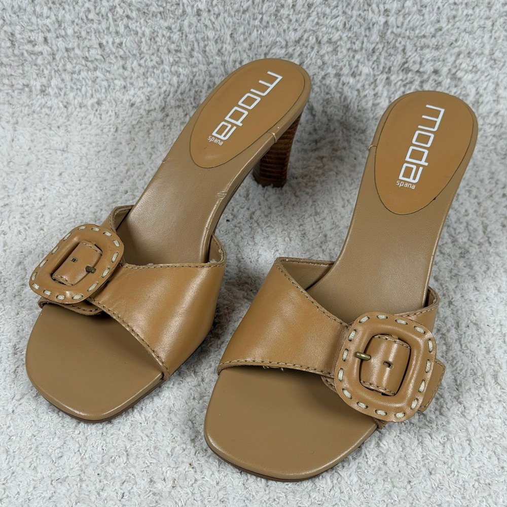 Moda Spana Tan Leather Square Toe Block Heel Buckle‎ Accent Mules Women's Size 6